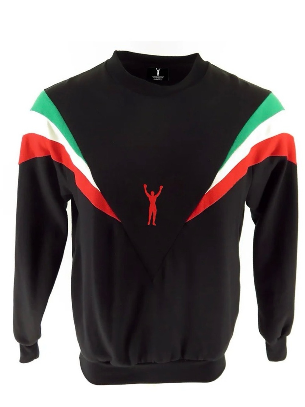 Black Crewneck Sweater with Green, White, and Red Accents